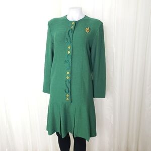 Vintage Steve Fabrikant green knit sweater dress pleated bottom gold snake Small